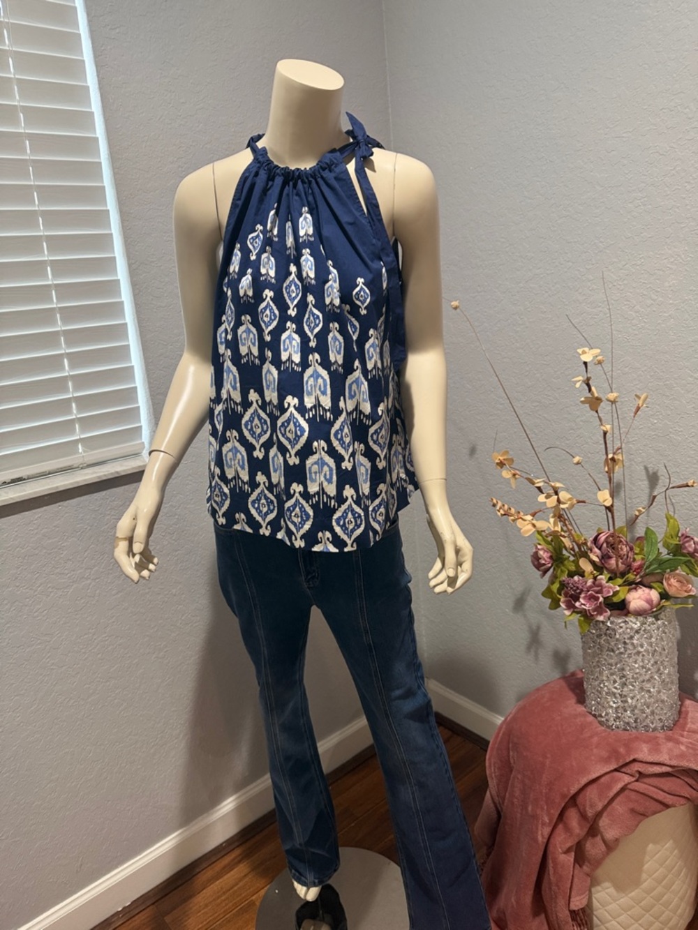 J. McLaughlin Navy and White Halter Tie-Shoulder Camisole
